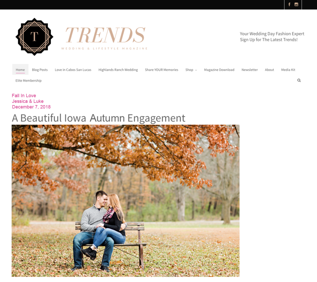 Fall Iowa engagement session featured on Trends Wedding & Lifestyle Magazine