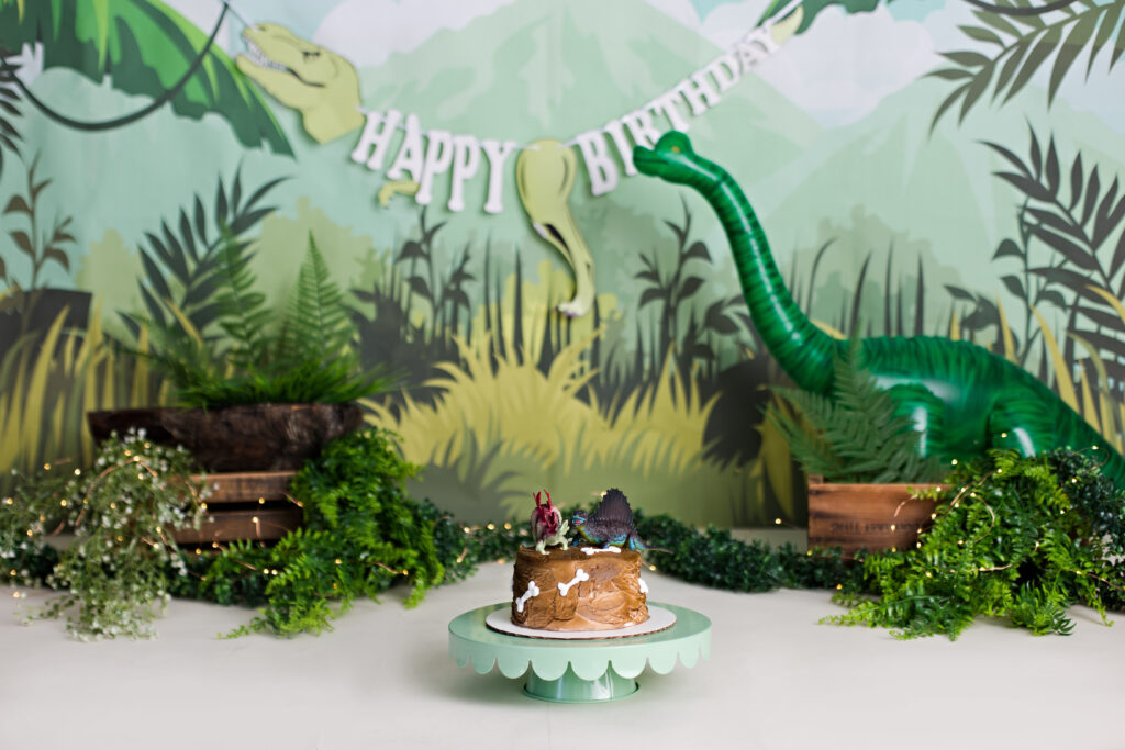 Green and tan dinosaur themed cake smash session