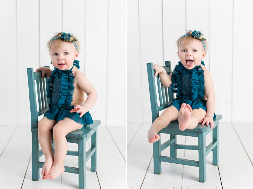 Baby girl sitter session with teal romper and garden tieback sitting on a teal chair with a white wood background.