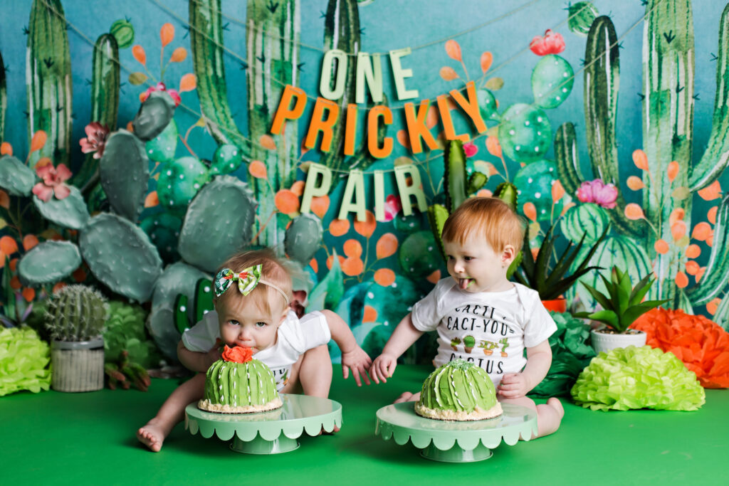 Twin boy and girl green cactus theme cake smash.