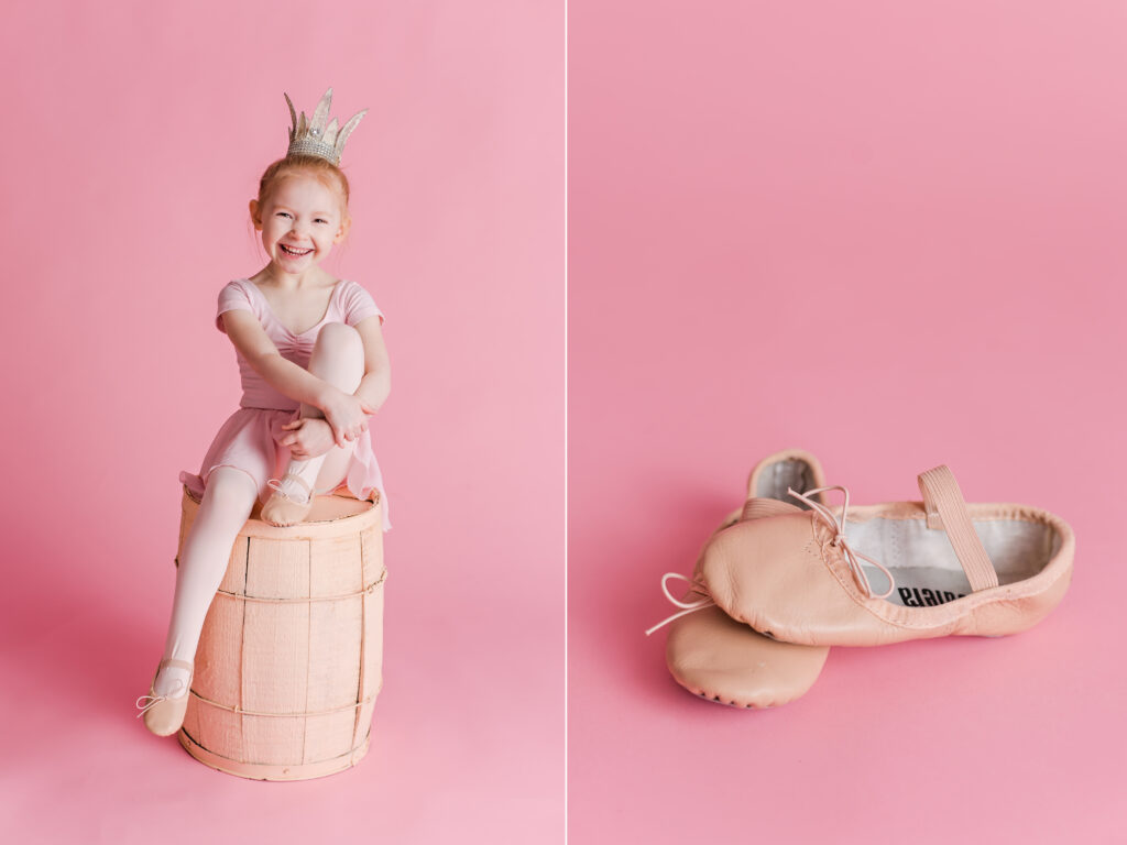 Pink ballet inspired children photography session with crystal crown and ballet slippers. CB Studio Photography