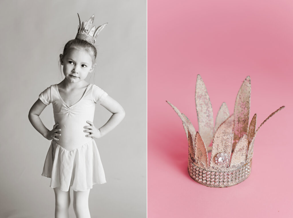 Pink ballet inspired children photography session with crystal crown. CB Studio Photography