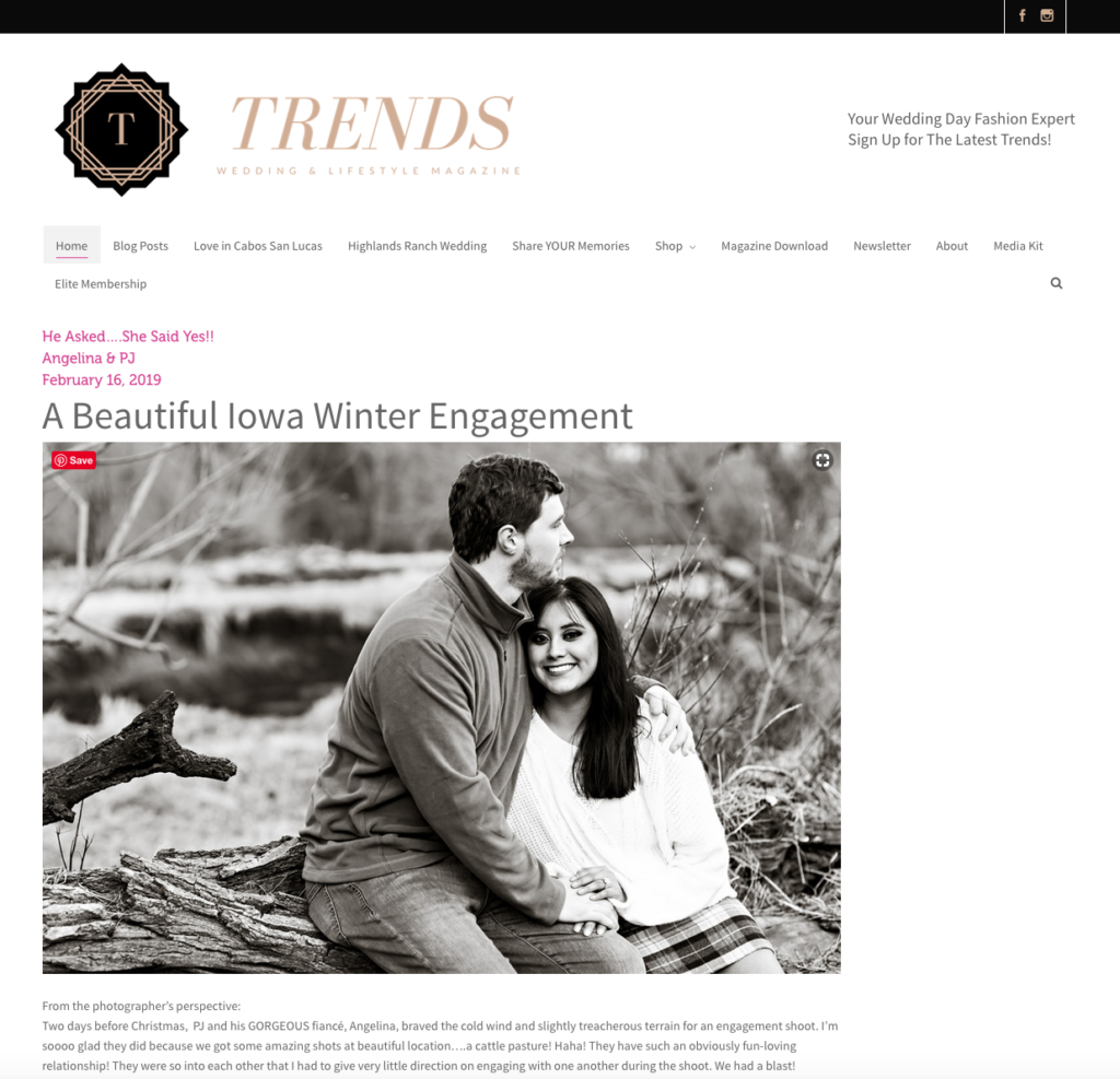 Iowa winter engagement session featured on Trends Wedding & Lifestyle Magazine