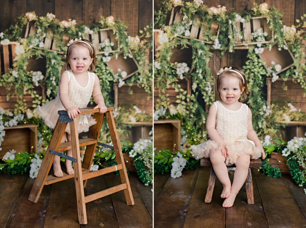 Spring mini sessions with wooden background and spring greenery