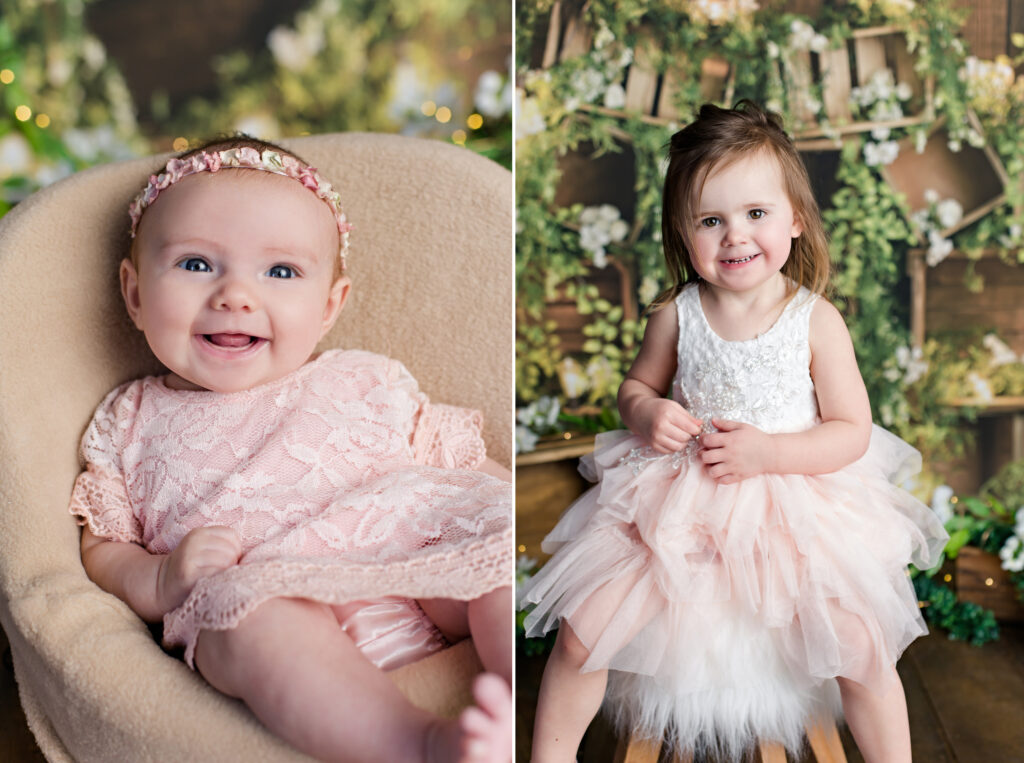 Spring mini sessions with wooden background and spring greenery