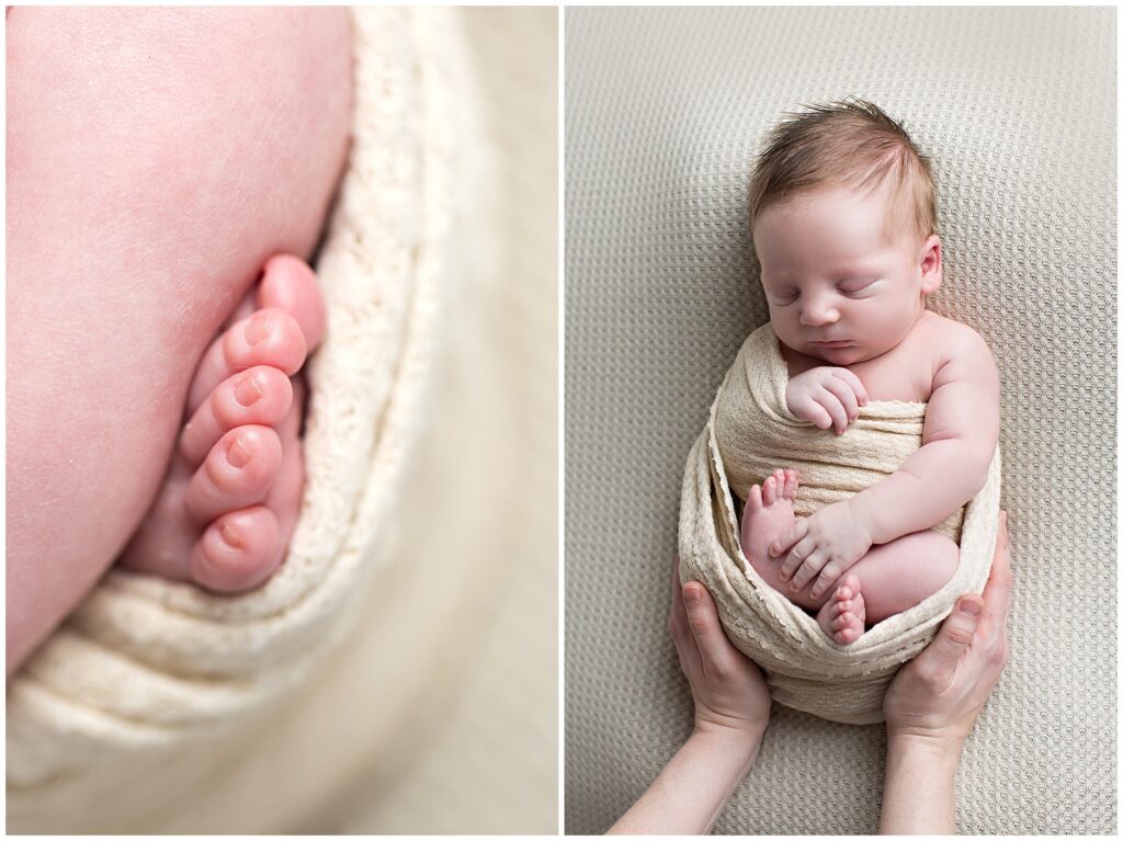 Newborn Wrap Pose with mother's hands | Close up of toes | CB Studio, LLC Iowa Photographer | Nude wrap and background