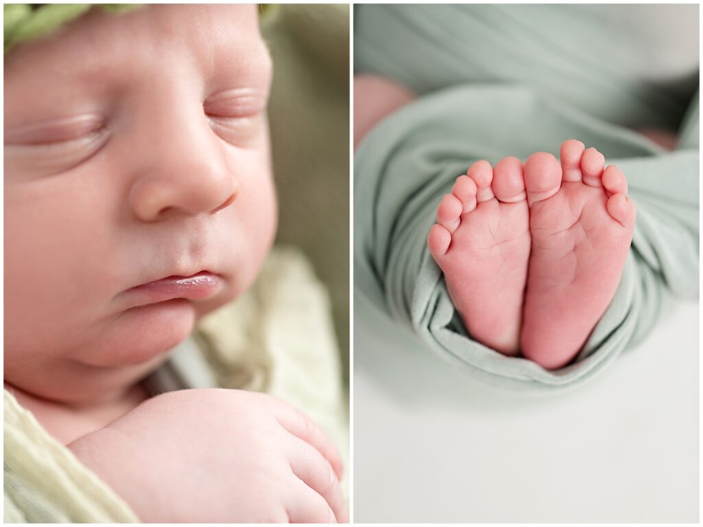 Newborn close up lips and toes | CB Studio, LLC Iowa Photographer | Green wrap