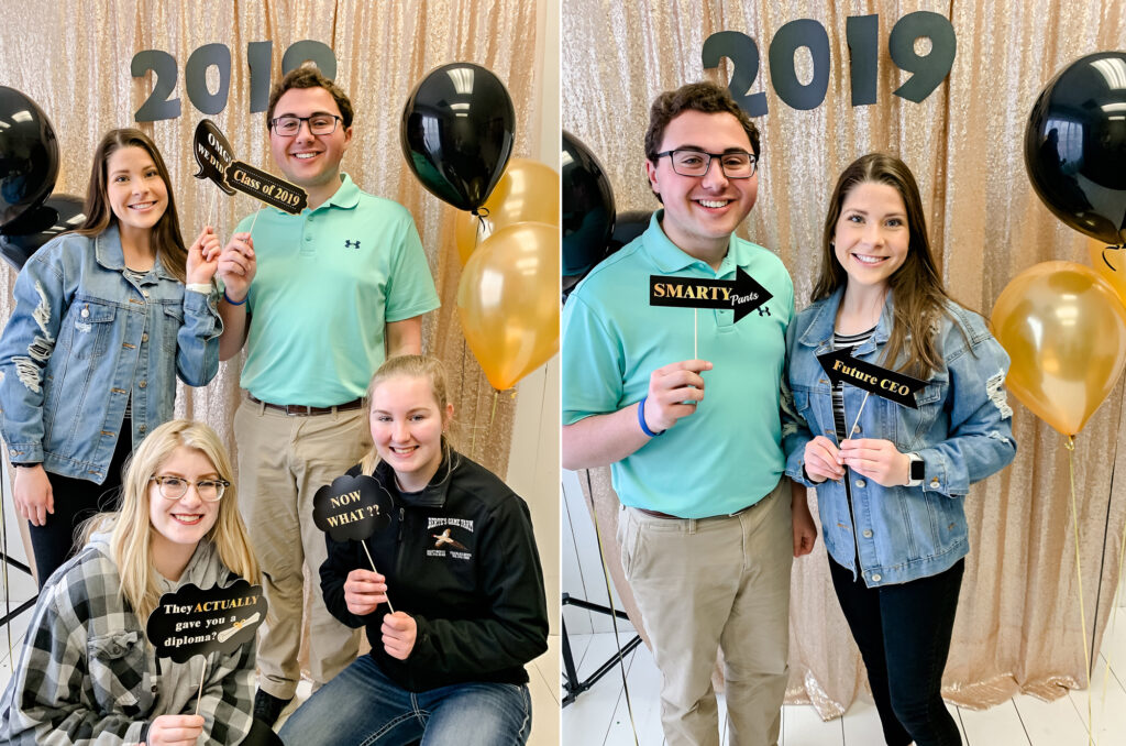 Senior grad party 4 seniors photo booth pictures with gold and black background with 2019 numbers.