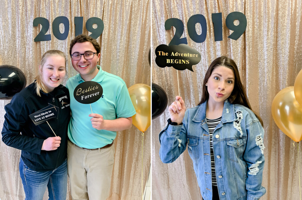 Senior grad party 4 seniors photo booth pictures with gold and black background with 2019 numbers.