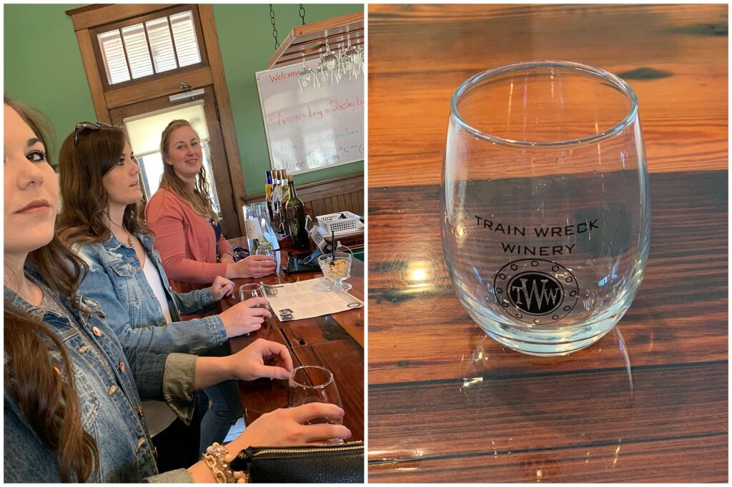 CB Studio Brides Reunion wine tasting event held at Train Wreck Winery in Algona, IA. Commemorative Train Wreck Winery glass. 