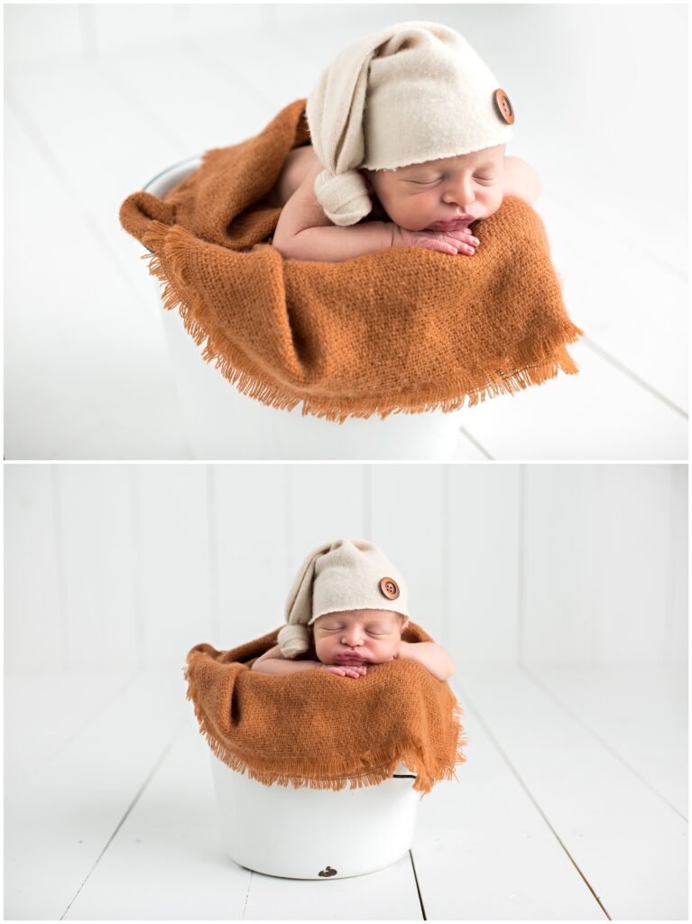 Newborn in a white bucket | CB Studio | Iowa Photographer