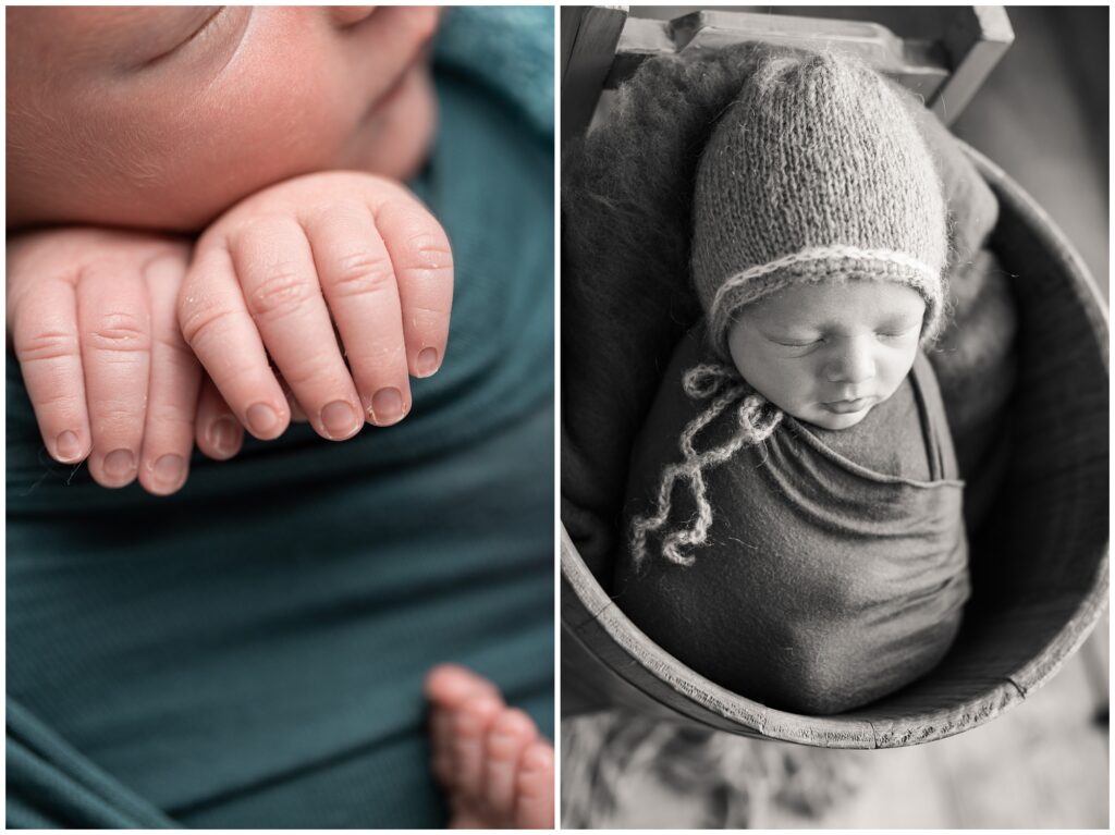 Newborn Teal Wrap Pose  in a Bucket | Newborn Session | Iowa Newborn Photographer | CB Studio