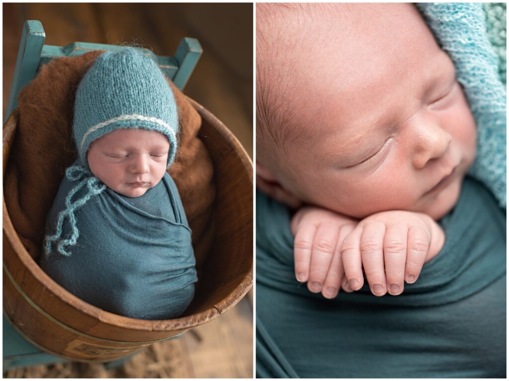 Newborn Teal Wrap Pose in a Bucket | Newborn Session | Iowa Newborn Photographer | CB Studio