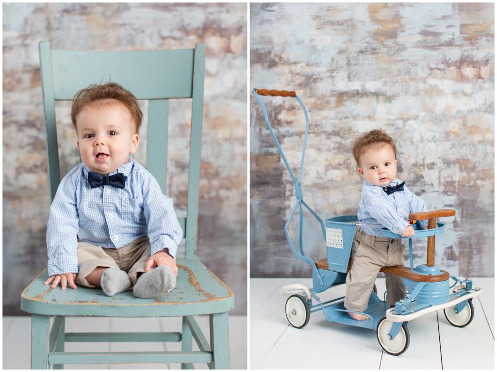 Sitter Session with bow tie and blue chair and antique stroller | Iowa Baby Photographer | CB Studio