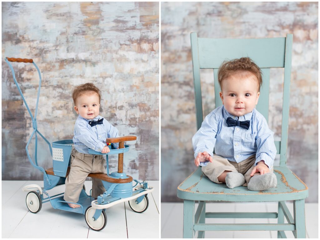 Sitter Session with bow tie and blue chair and antique stroller | Iowa Baby Photographer | CB Studio