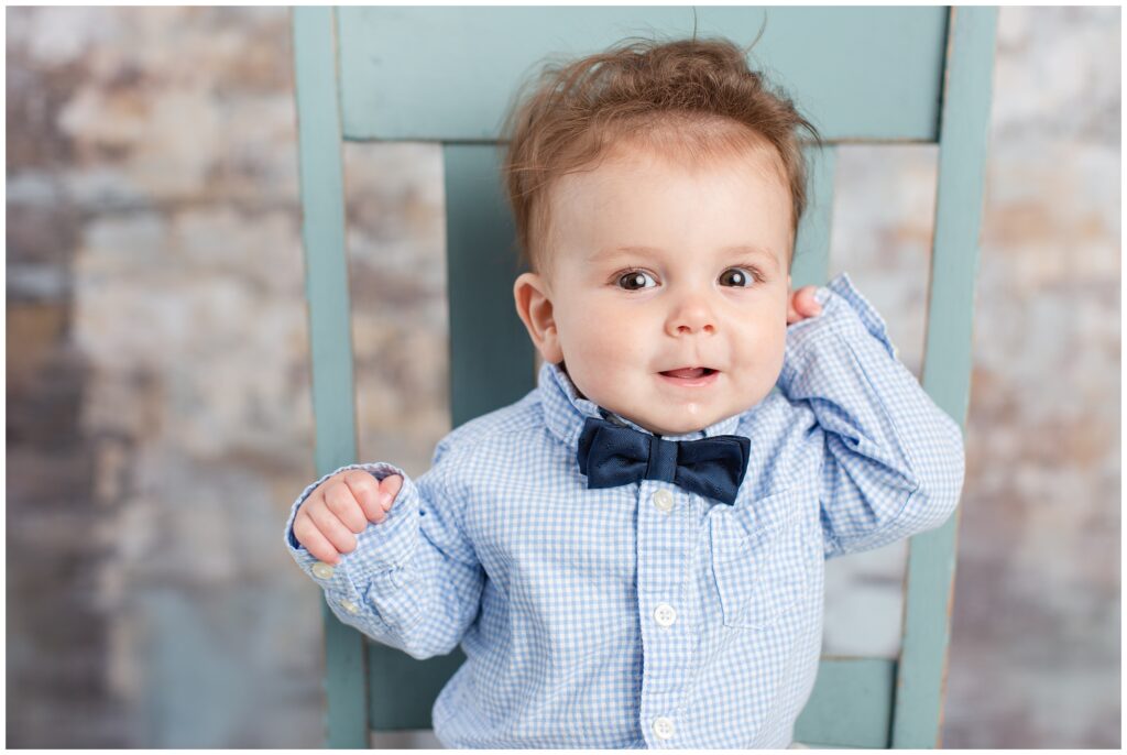 Sitter Session with bow tie and blue chair | Iowa Baby Photographer | CB Studio