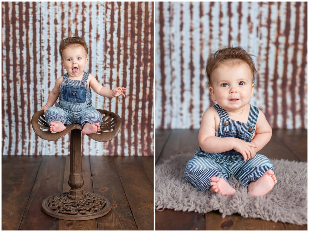 Sitter Session with bib overalls, metal and wood rustic background antique tractor seat | Iowa Baby Photographer | CB Studio
