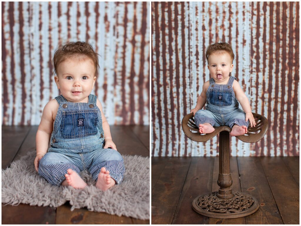 Sitter Session with bib overalls, metal and wood rustic background antique tractor seat | Iowa Baby Photographer | CB Studio