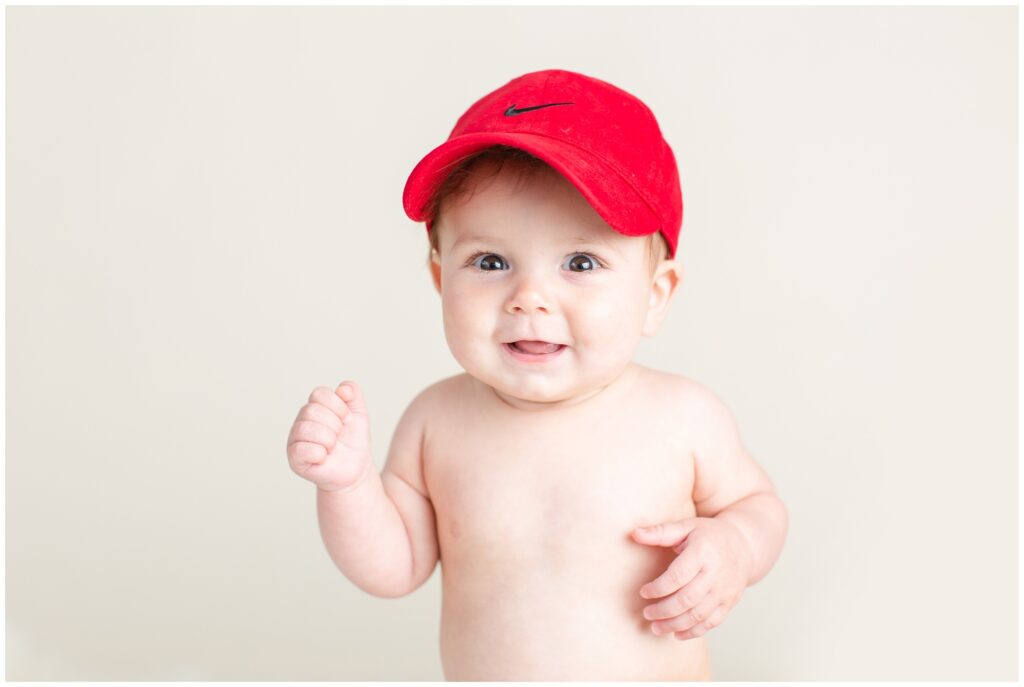 Naked nude baby butt with red Nike hat| Iowa Baby Photographer | CB Studio