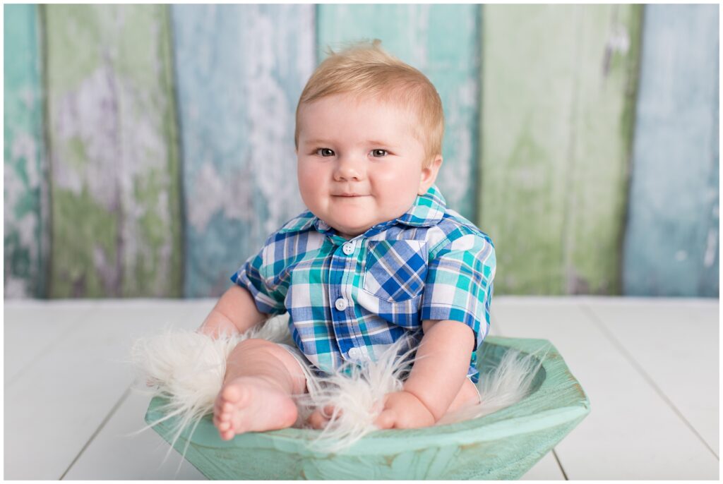 Sitter Session | Baby boy blue and teal and lime green | Iowa Baby Photographer | CB Studio
