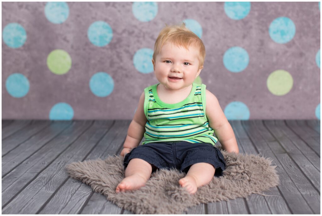 Sitter Session | Baby boy blue and teal and lime green | Iowa Baby Photographer | CB Studio