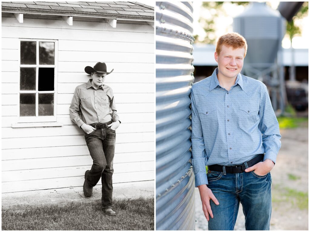 Senior photo by a grain bin and white barn | Farm senior session | Iowa Senior Photographer | CB Studio