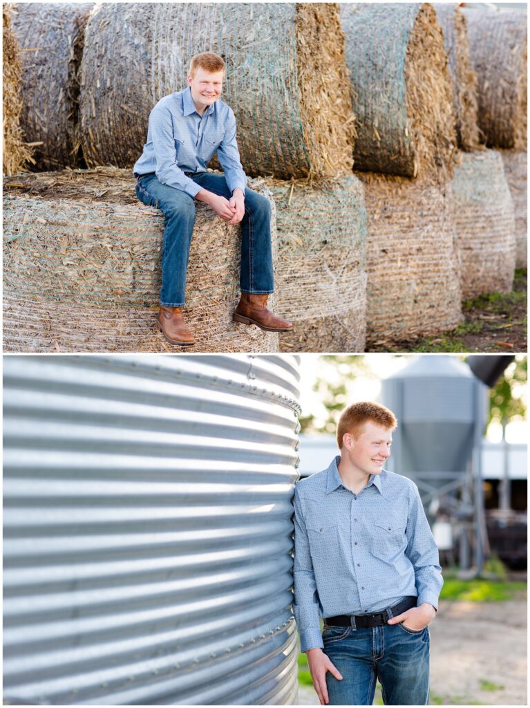 Senior photo on hay bales and grain bin | Farm senior session | Iowa Senior Photographer | CB Studio