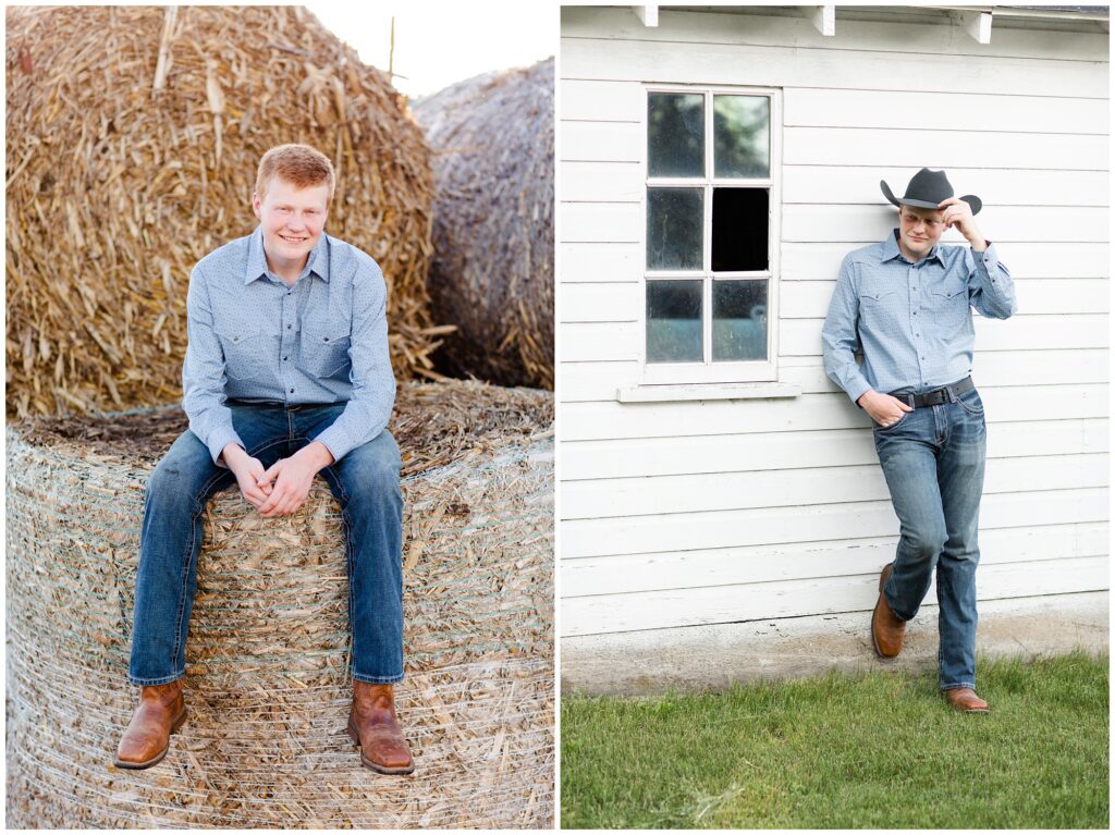 Senior photo on hay bales and white barn | Farm senior session | Iowa Senior Photographer | CB Studio