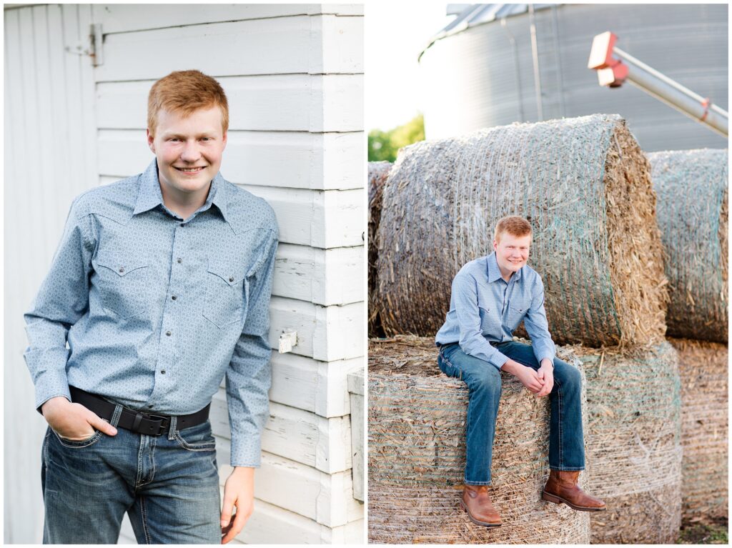 Senior photo on hay bales and white barn | Farm senior session | Iowa Senior Photographer | CB Studio