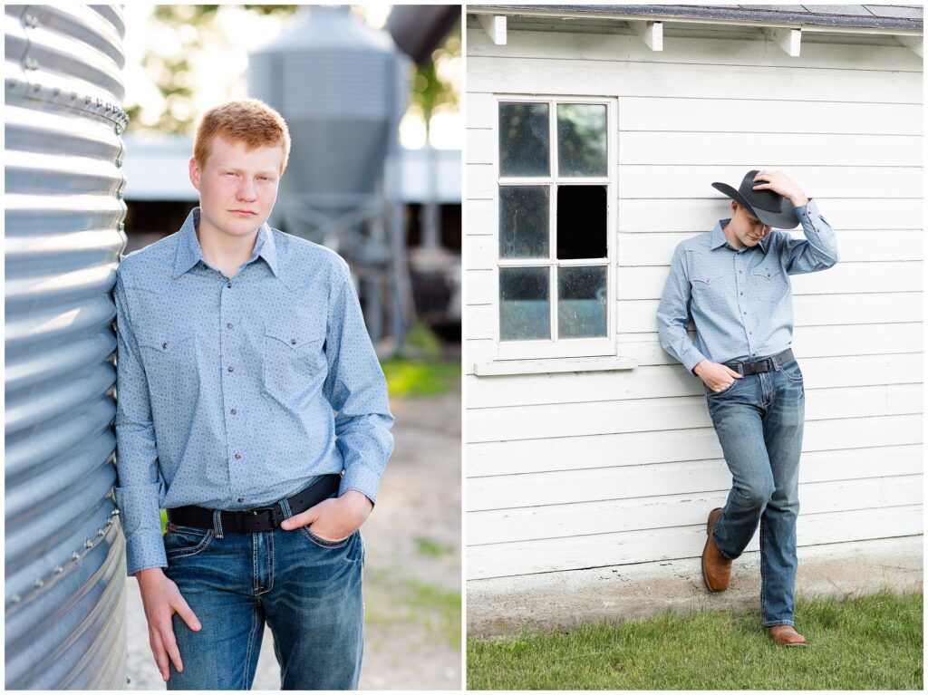 Senior photo by grain bin and white barn | Farm senior session | Iowa Senior Photographer | CB Studio