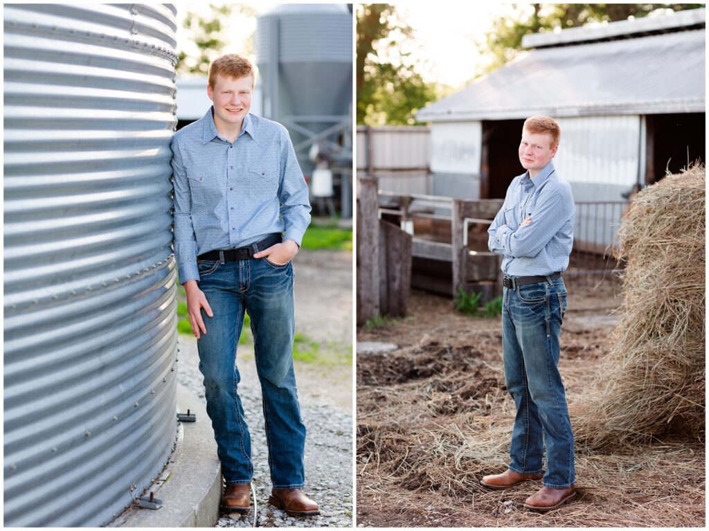 Senior photo on hay bales and cattle and grain bin | Farm senior session | Iowa Senior Photographer | CB Studio