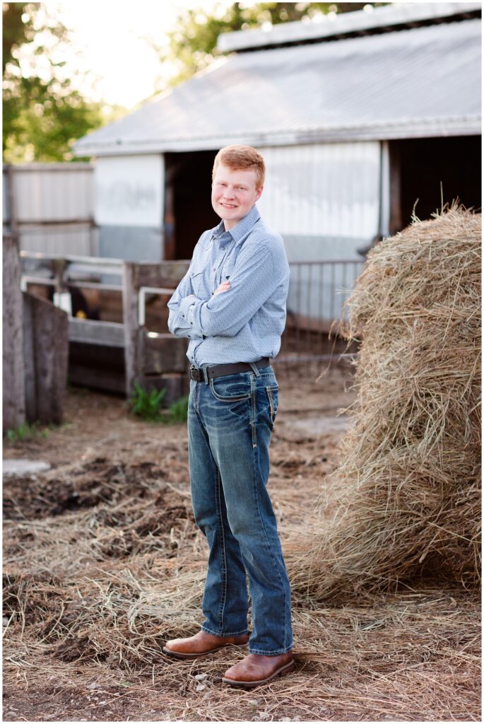 Senior photo on hay bales and cattle cows | Farm senior session | Iowa Senior Photographer | CB Studio