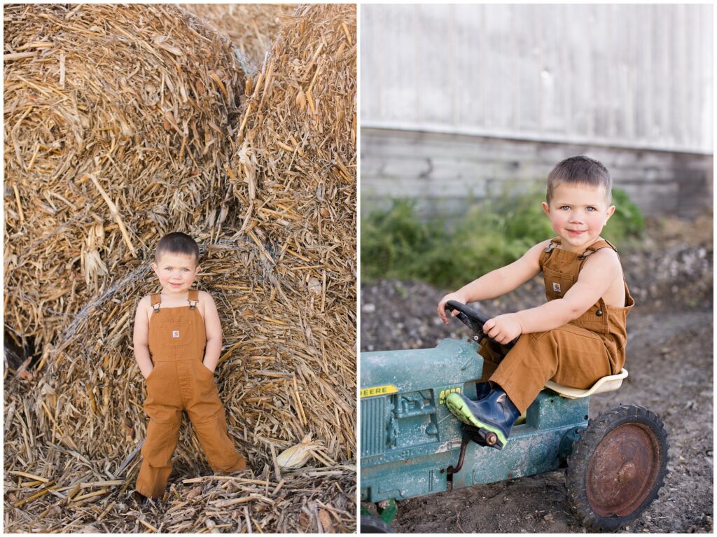 Toddler farm boy with in bales and tractor | Iowa Children Photographer | CB Studio