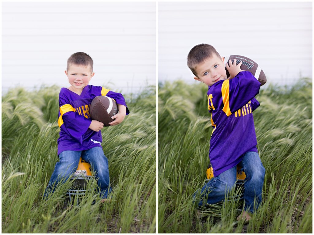Toddler farm boy with football gear | Iowa Children Photographer | CB Studio