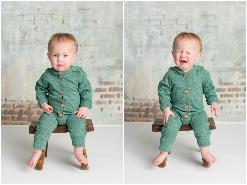 Sitter session with rustic wooden stool, green romper and brown and green brick background | Iowa Baby Photographer | CB Studio