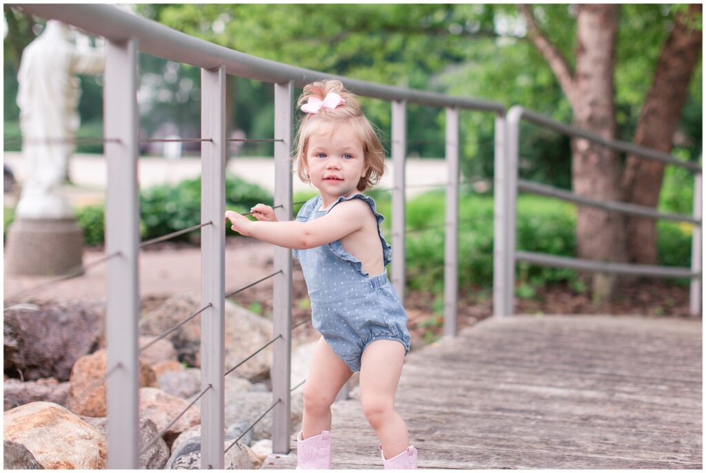 Toddler photo with on a bridge | Iowa Baby Toddler Photographer | CB Studio