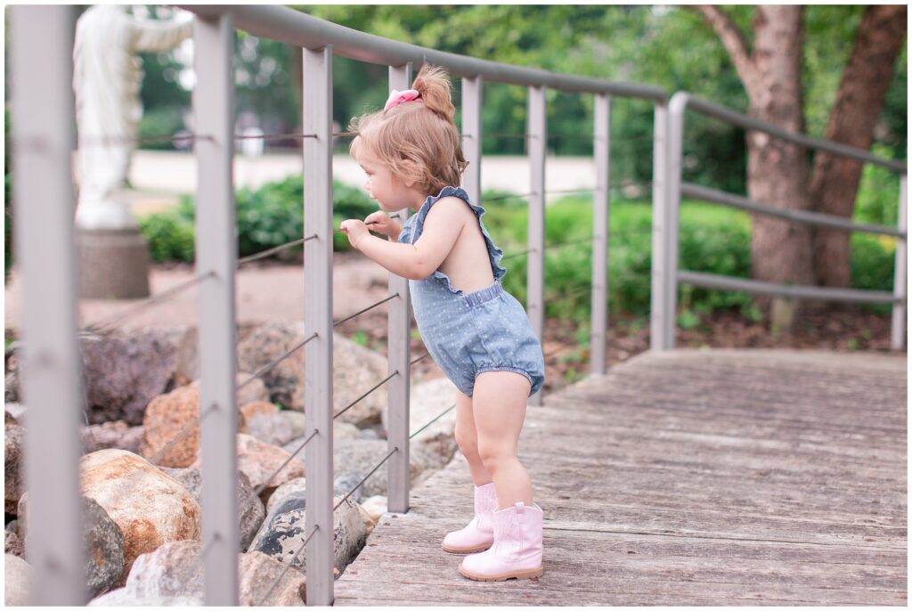Toddler photo with on a bridge | Iowa Baby Toddler Photographer | CB Studio