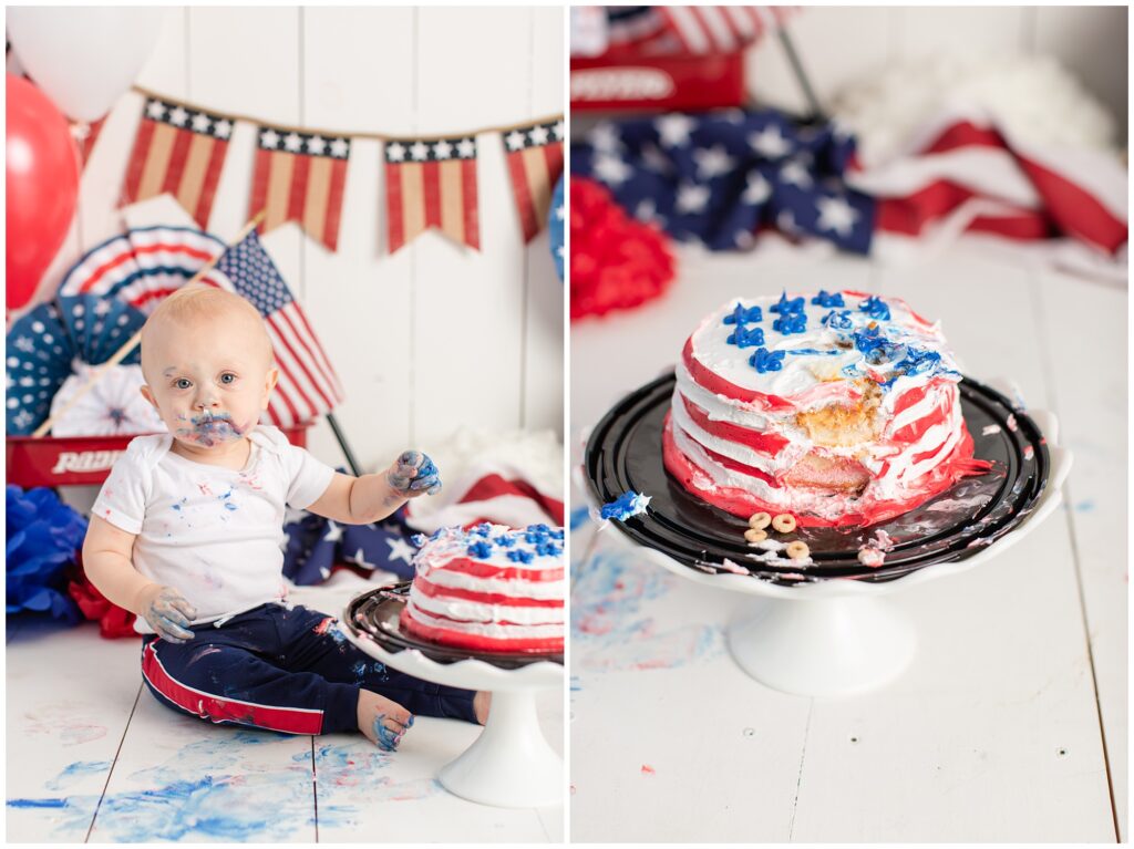 4th of July theme cake smash | first birthday photo shoot | Iowa Baby Photographer | CB Studio