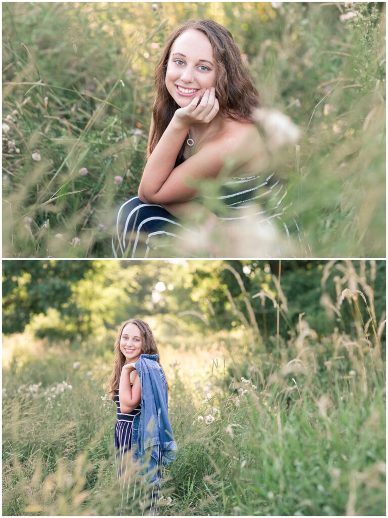 Senior photos open grassy field with a jacket | senior poses | Iowa Senior Photographer | CB Studio