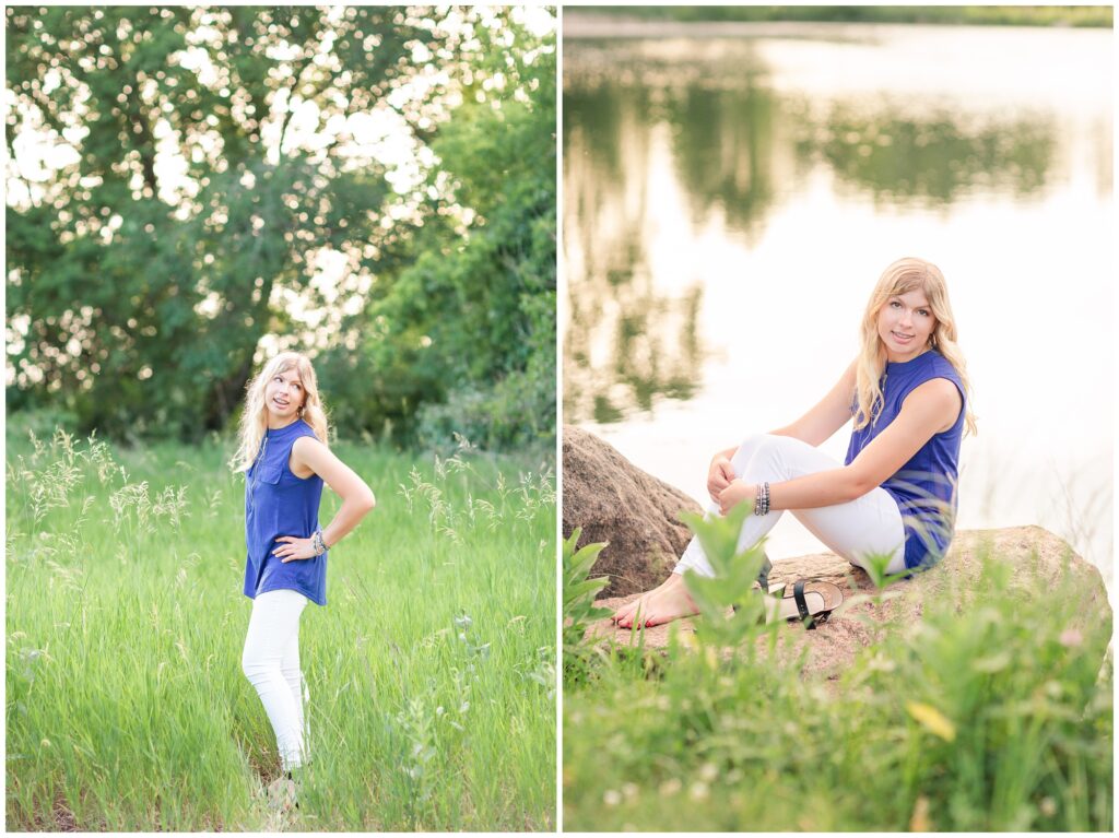 Senior portrait session at a park during golden hour | Senior girl poses in a grassy field | Senior girl poses by a lake | Iowa Senior Photographer | CB Studio