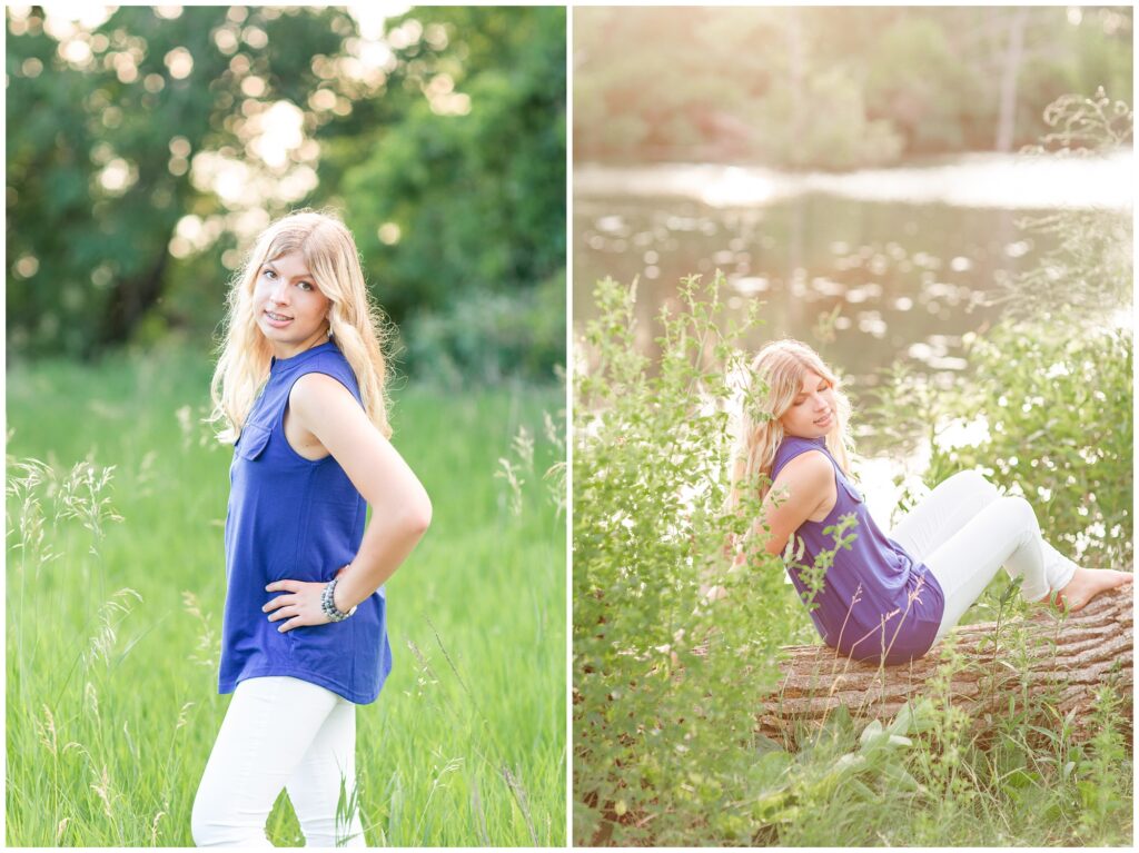 Senior portrait session at a park during golden hour | Senior girl poses in a grassy field | Senior girl poses by a lake | Iowa Senior Photographer | CB Studio