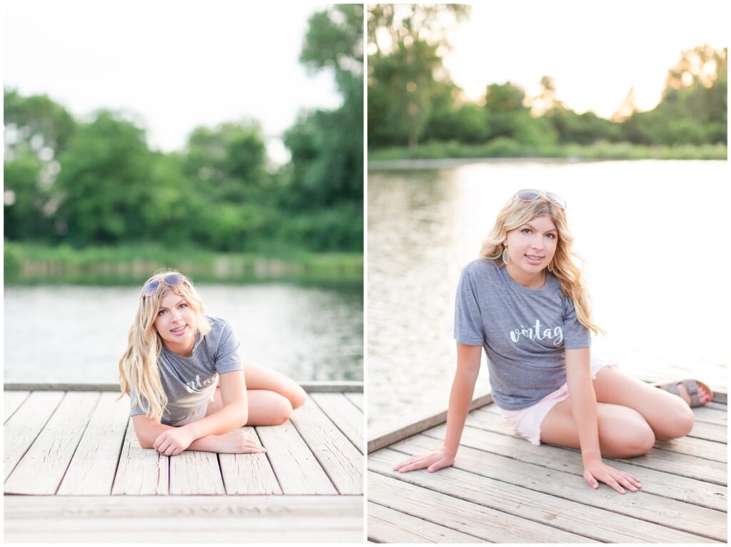 Senior portrait session at a park during golden hour | Senior girl poses on a dock | Iowa Senior Photographer | CB Studio