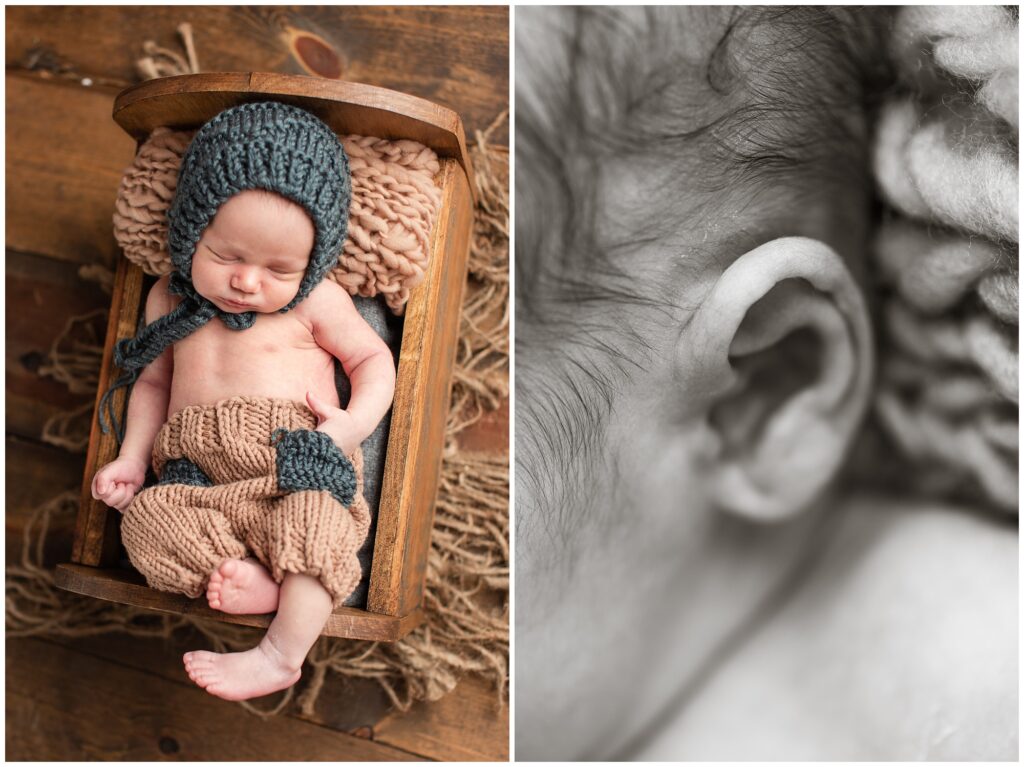 Newborn wooden bed pose | Newborn detail shot | Iowa Newborn Photographer | CB Studio