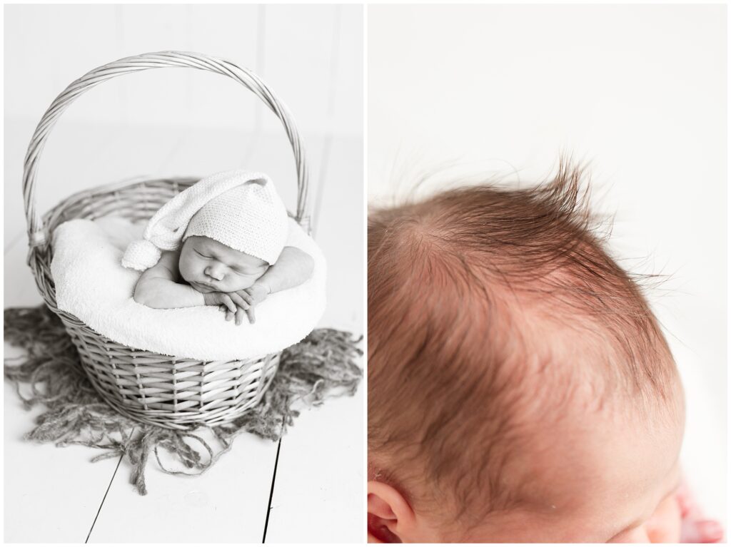 Newborn in basket pose | Newborn detail shot | Iowa Newborn Photographer | CB Studio
