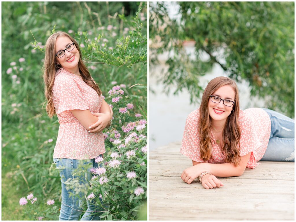 Senior pose on a dock | Senior flower field pose | Iowa Senior Photographer | CB Studio