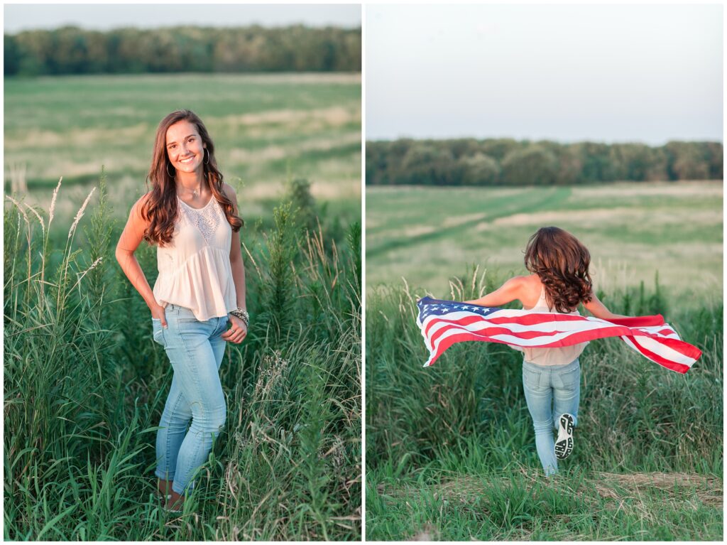 grassy field American flag senior picture ideas | Iowa Senior Photographer | CB Studio