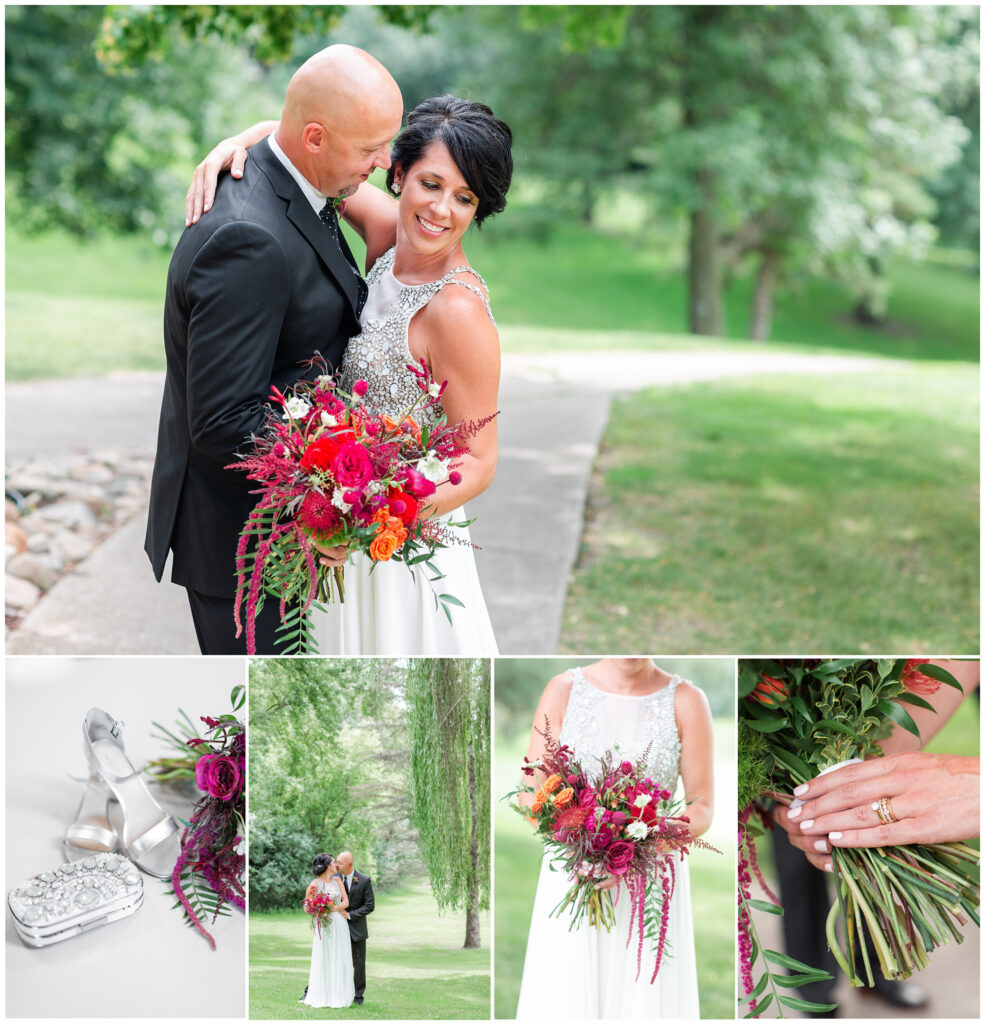 Bride and groom pose with pink and fuchsia fun florals with texture. Jewel encrusted dress and hand clutch | Iowa Wedding Photographer | CB Studio