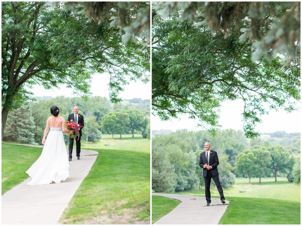 Bride and groom first look on a golf course | Iowa Wedding Photographer | CB Studio