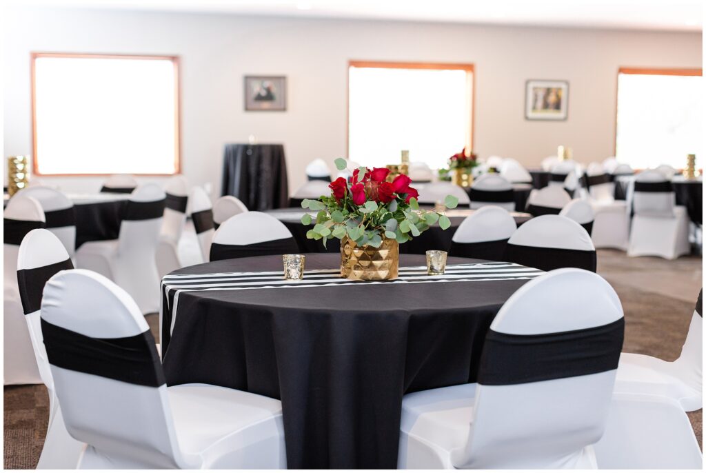 Black and white wedding reception decor | Iowa Wedding Photographer | CB Studio