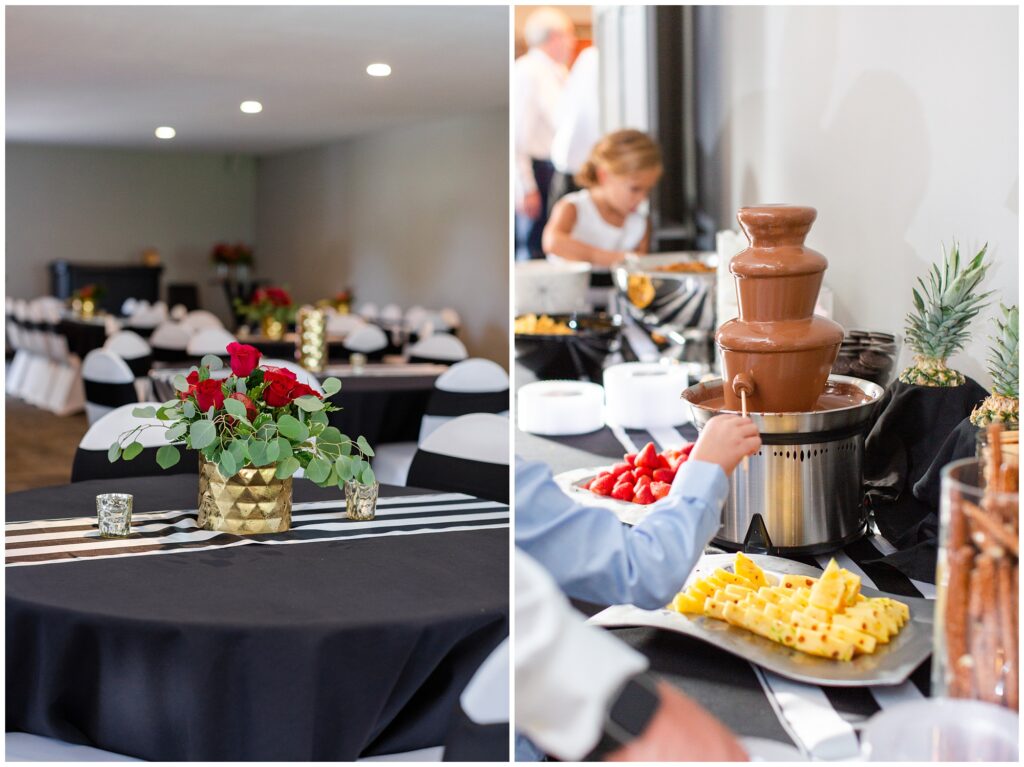 Dessert appetizer wedding reception with chocolate fountain | Iowa Wedding Photographer | CB Studio